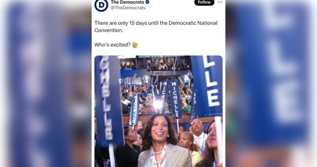 Bizarre: Official Democrat X Page Uploads Photo of Kamala Harris With “Michelle” Signs in Background