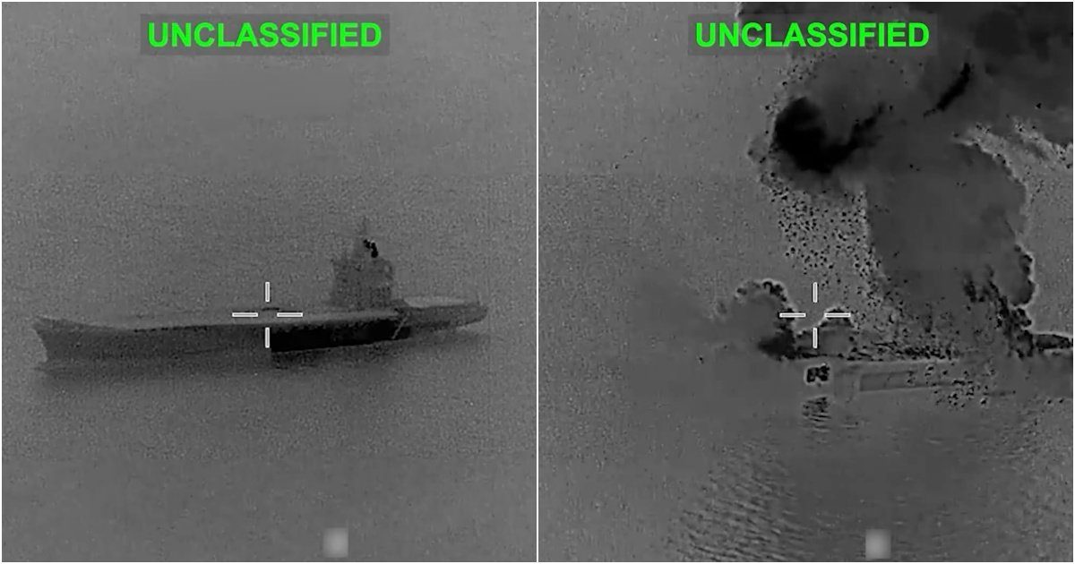 Iranian Drone Carrier the Size of a WWII Aircraft Carrier BURSTS INTO FLAMES After Direct Hit by U.S. Forces (VIDEO)